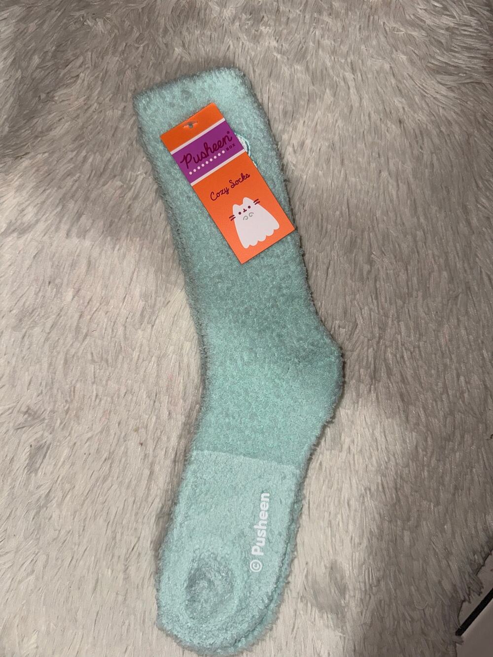Pusheen cozy warm socks in mint green with embroidered cat face limited edition
